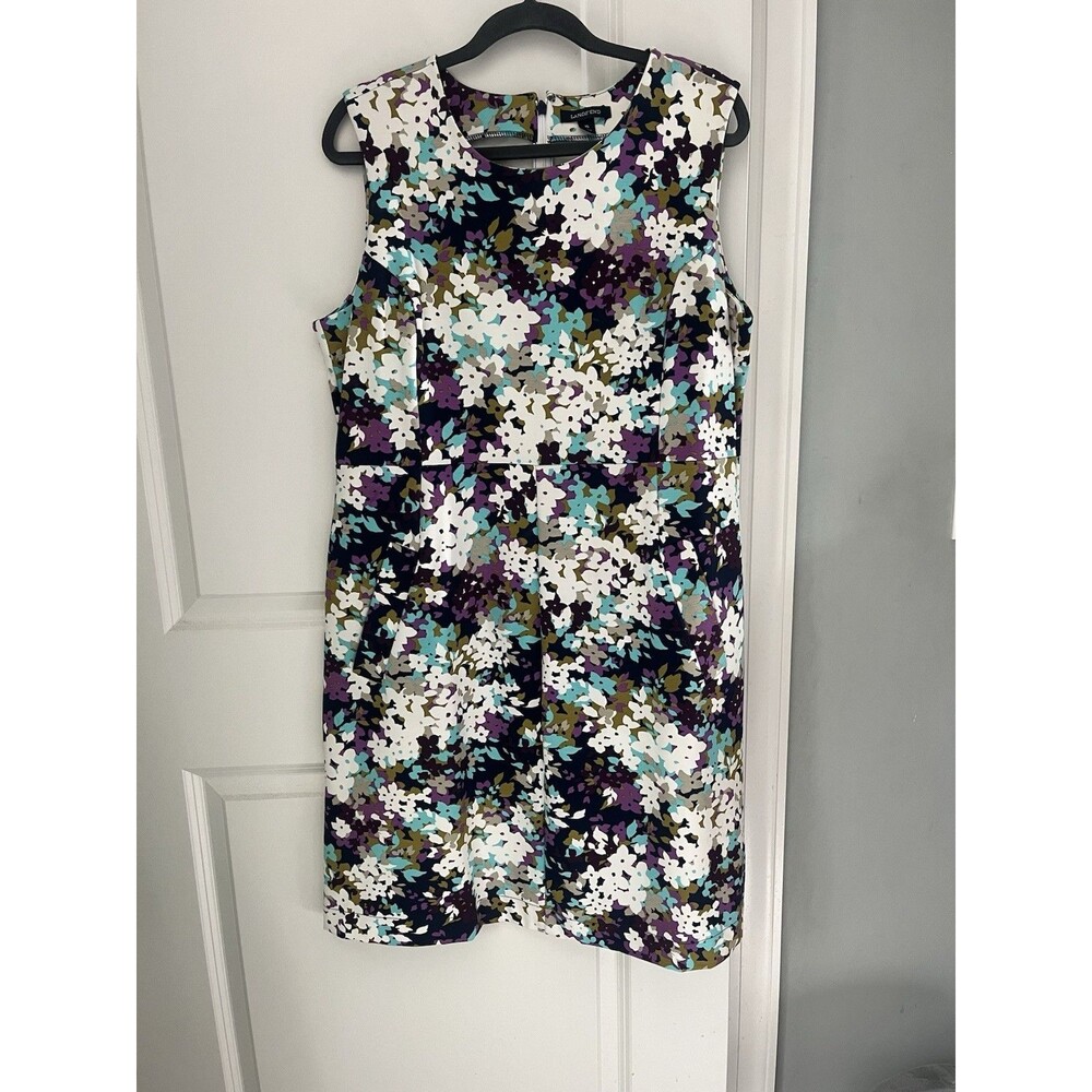 LANDS' END Floral Print Sleeveless Stretch Knit Dress w/ Pockets Womens Sz 16